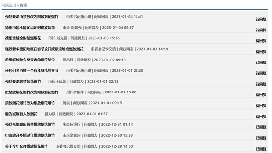 问政四川网友关于烟花燃放的部分咨询留言。