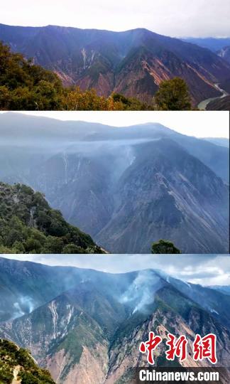 甘孜州九龙县“4·1”森林火灾现场情况。（拼图）上图为6日下午火场情况，中间为6日上午火场情况；下图为4日火场情况。康巴传媒供图