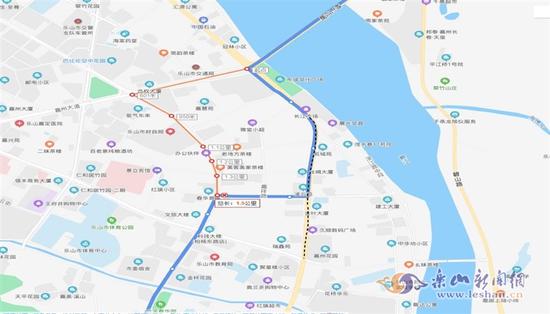 （蓝色为原线路，红色为临时改道线路，黑色虚线为施工路段。）