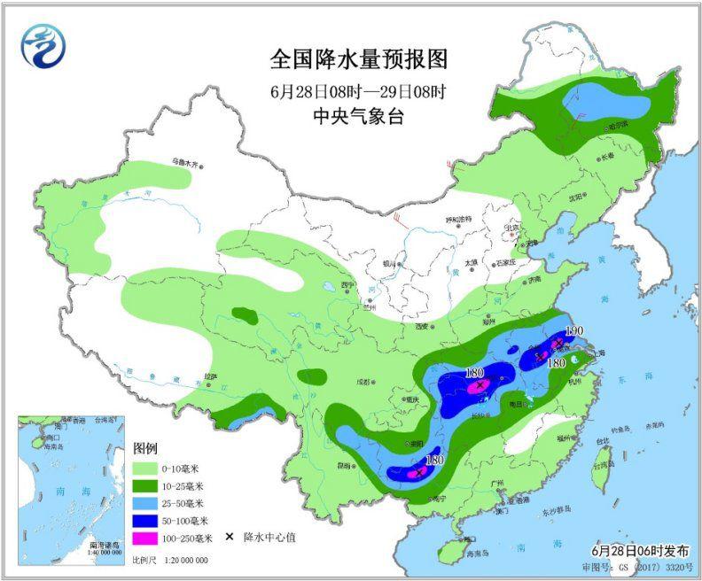 图2 全国降水量预报图(6月28日08时-29日08时)