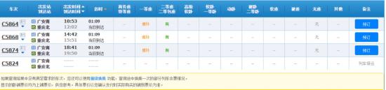 4月5日,廣安南到重慶北動車班次截圖。