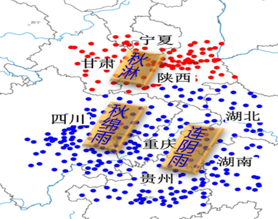 　↑华西秋雨监测站点空间分布图（红点代表北区，蓝点代表南区）