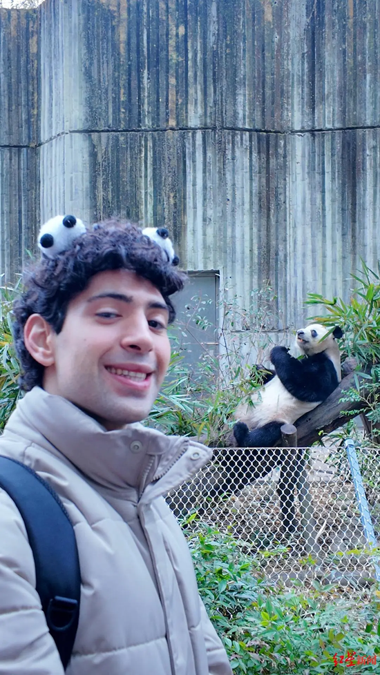 ▲意大利游客Scarlata Giulio在熊猫基地与熊猫合影