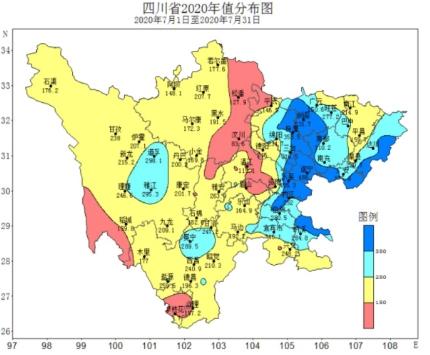 　[四川2020年7月降水量分布图]