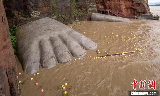 　8月18日拍摄的乐山大佛“佛脚”进水被淹情况。　孔胜 摄
