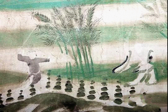 图为舞剑-莫高窟61窟-五代。击剑是从古代剑术决斗中发展起来的一项体育项目,壁画中展现的舞剑,与现代奥运会中击剑项目动作非常相似。敦煌研究院 供图