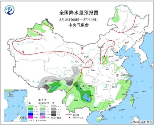 全国降水量预报图(3月26日08时-27日08时)