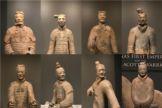 此次展览中的7件兵俑和1件圉人俑。秦,陕西省西安市临潼区秦陵随葬坑出土,国家一级文物