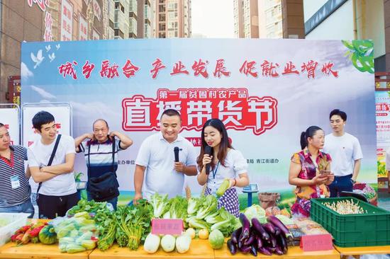 雅安雨城区第一届贫困村农产品直播带货节上，贫困村“第一书记”化身主播，推荐特色产品