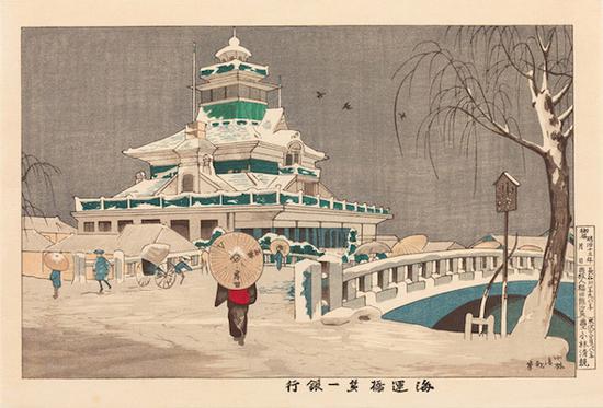 小林清亲《海运桥 第一银行雪中》(平成新版) 明治时期