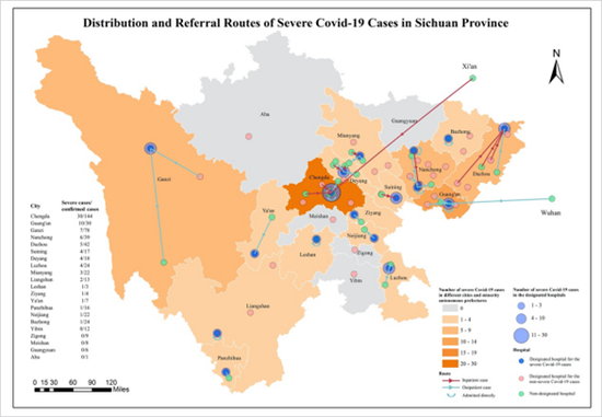 重症COVID-19患者在四川省的分布及转运图