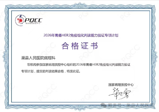国家病理质控中心组织的2026年胃癌HER2免疫组化判读合格证书