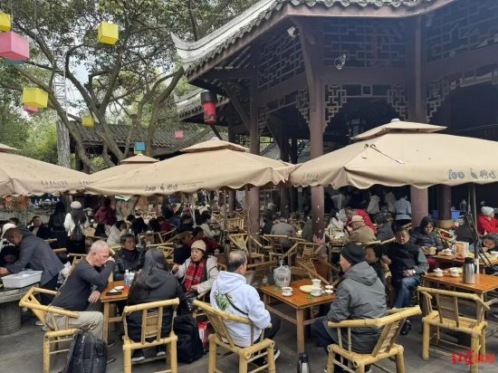 ↑即便是工作日，位于人民公园内的鹤鸣茶社也一座难求