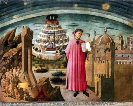 这幅壁画是佛罗伦萨圣母百花大教堂的一部分，但丁手持《神曲》，背景是地狱、7层炼狱、佛罗伦萨城，上方则是天堂