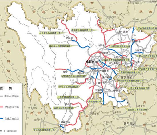 图中的灰线是已有高速公路,蓝线是在建高速公路,红线是规划高速公路。