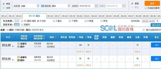 记者从12306查询到,成都到阆中动车二等座票价为95元