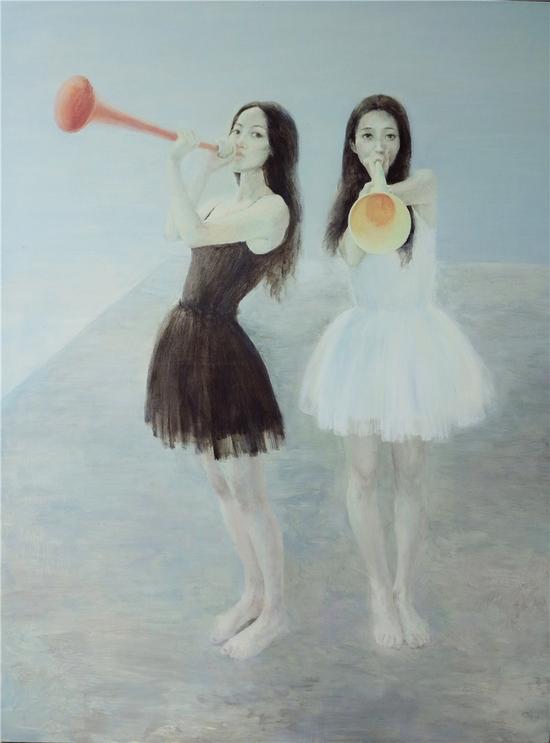 朱可染 《吹小号的天鹅》布面油画 150cm×120cm 2013年