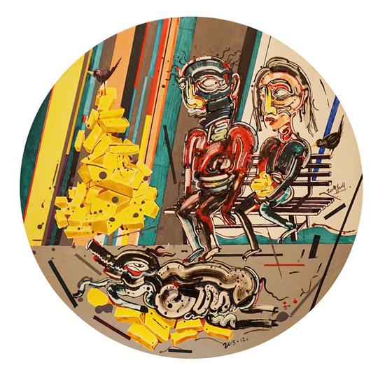 曾杨 《约会》 纸本丙烯 直径60cm 时间：2015年