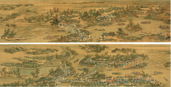　　王翬（Wang Hui 1632-1717），《康熙南巡图卷--第六卷》： 从奔牛镇到运河上的杭州城&lt；局部&gt；（THE KANGXI EMPEROR'；S SOUTHERN INSPECTION TOUR， SECTION OF SCROLL VI： FROM THE TOWN OF BENNIU TO THE CITY OF CHANGZHOU ON THE GRAND），图片版权：苏富比拍卖