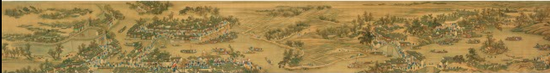 　　王翬（WANG HUI 1632-1717），《康熙南巡图卷--第六卷》： 从奔牛镇到运河上的杭州城（THE KANGXI EMPEROR'；S SOUTHERN INSPECTION TOUR， SECTION OF SCROLL VI： FROM THE TOWN OF BENNIU TO THE CITY OF CHANGZHOU ON THE GRAND），图片版权：苏富比拍卖