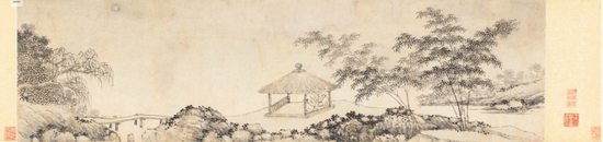 　　沈周（Shen Zhou 1427-1509），《十四夜月图》卷&lt；正面&gt；（ENJOYING THE MID-AUTUMN MOON IN THE BAMBOO VILLA），图片版权：苏富比拍卖