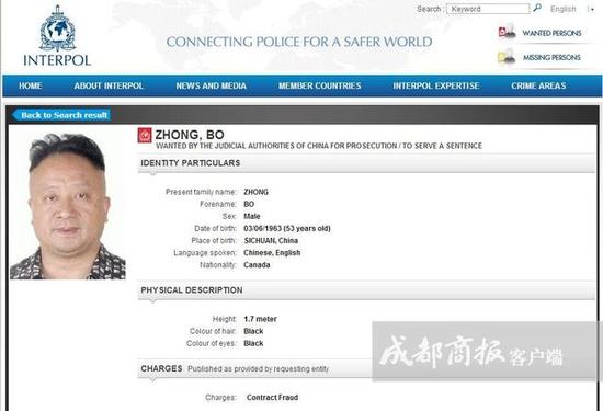国际刑警组织官网上关于钟波的通缉令