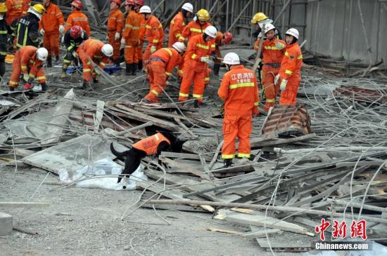 11月24日7点左右,江西省丰城市一电厂在建冷却塔施工平台发生倒塌,截至目前事故死亡人数已上升至40余人,救援人员已经赶到现场。图为救援队带来了搜救犬对失踪者进行搜寻。刘占昆 摄