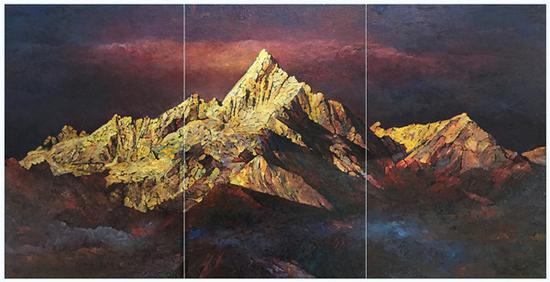 马光剑 《圣山-辉煌系-乃日之晨》 藏纸三联油画(142x72cm) 2016.