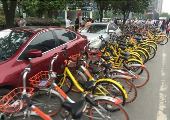 成都两轿车街道违停 被共享单车大军围堵
