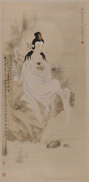 张大千 1899-1983 观世音造像
立轴 设色纸本 1940年作
题识:1.一心顶礼。弘发誓言;一切迷方,会归觉路。弟子张大千岁庚辰二月十九日
己巳,敬造观世音菩萨一区,所愿勤除烦障,早契菩提。印文:张大千、张爰
之印、除一切苦厄
2.普麟女士供养,大千居士张爰。印文:蜀郡张爰章
题签:观世音造像。庚辰二月,张大千题。印文:张季、大千
鉴藏印:襄汾李欣翘珍藏
展览:“中国近现代十二大家展”,2017年5月10日至5月14日,江苏美术馆陈列馆。
著录:2005年《人民美术》第一辑。