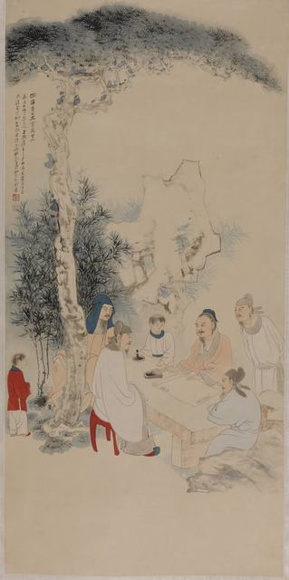 张大千 1899-1983 文会图
立轴 设色纸本 1941年作
题识:仿韩晋公文会图,写似鼎臣仁兄方家正之,大千张爰,辛
巳十月在莫高窟雷音寺,用清高宗御制仿宋淳化殿纸,刘
文清柳汀仙舫墨。
印文:张爰之印、大千
展览:“中国近现代十二大家展”,2017年5月10日至5月14日,
江苏美术馆陈列馆。
说明:上款“鼎臣”即刘国汉。河北献县人,字鼎臣,哈密圪荅
井有名的富商。善于经营,聚财有方,曾读过私塾,热爱
琴棋书画,兼喜收藏,对文物字画鉴赏很有造诣,曾在北
京、成都、西安、兰州、敦煌开办商号,专营古玩书画,
抗战时期还与张善孖、张大千等众多画家关系密切。