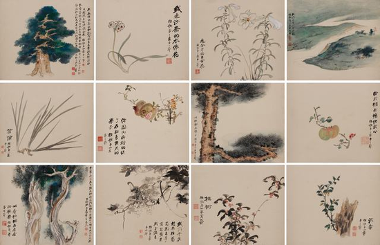 张大千 雅歌山水花卉十二开
册页 (十二开) 设色纸本
45.5×53cm×12
1977年作
著录:《张大千书画集》六,第79-68页,台北历史博物馆。