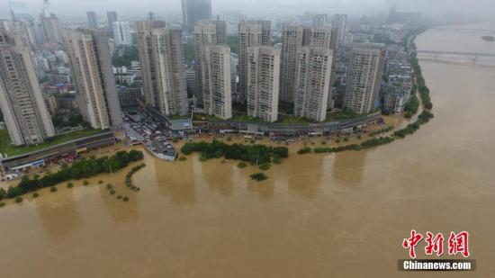 7月3日,因受连日暴雨影响,广西柳江河柳州段出现超警戒水位。图为被水淹的柳州市滨江东路。 王以照 摄