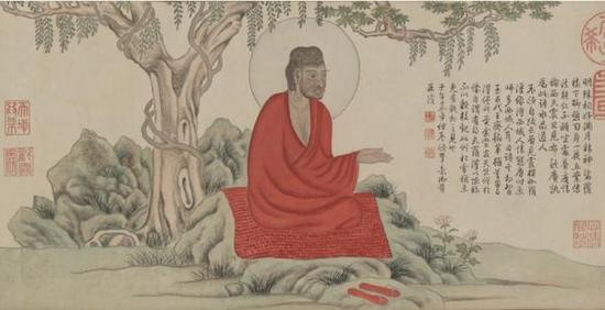 赵孟頫《红衣罗汉图卷》(上图),弘历仿赵孟頫《红衣罗汉图卷》(下图)