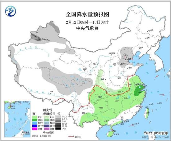 全国降水量预报图(2月12日08时-13日08时)