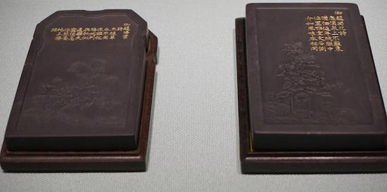 端石雕海棠诗文砚、菊花诗文砚 清乾隆