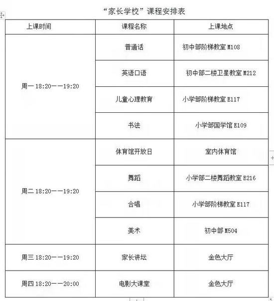 "家长学校"课程表