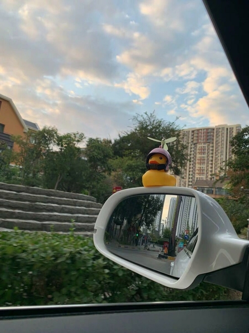 安装在汽车后视镜上的小黄鸭
