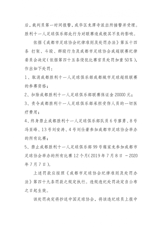 成都市足协做出以下处罚