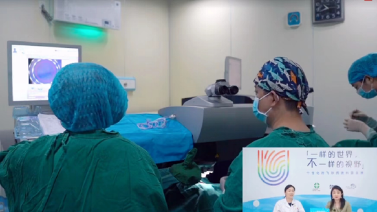 张新主任开展个性化微飞秒手术（右上）王晓华主任同步解读手术细节（右下）