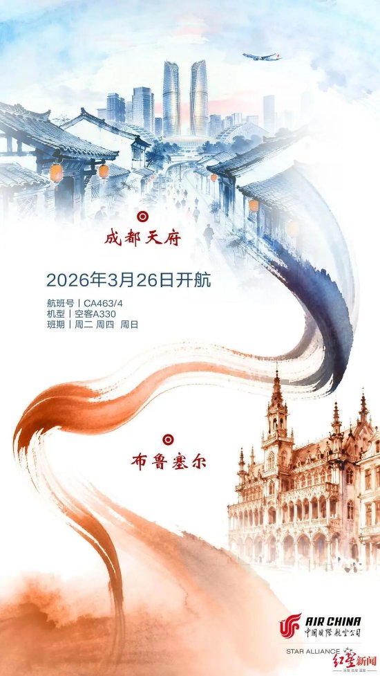 ▲成都天府直飞布鲁塞尔新开航线将于3月26日开通