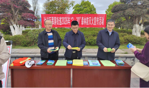 图为：翠屏街道党工委书记苟红晨，党工委副书记、街道办主任任小强，党工委委员、办事处副主任邱方全在临江公园发放宣传资料