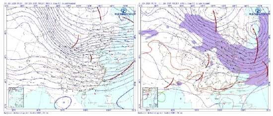 图3 1月9日500hpa高空形势（左）和11日700hPa形势（右）