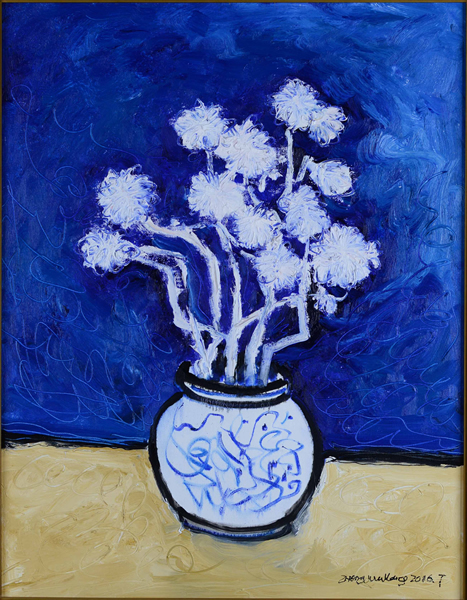 王中军 青花瓷与白菊花 White Chrysanthemum in Blue and White 布面油画 2016年