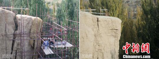 　　资料图。图为“干旱环境下土遗址保护关键技术研发与应用”项目应用于土遗址保护前后对比图。敦煌研究院供图