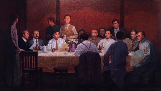 石奇人《曙光——中国共产党成立》,油画,330x188cm,2011年,中华艺术宫收藏