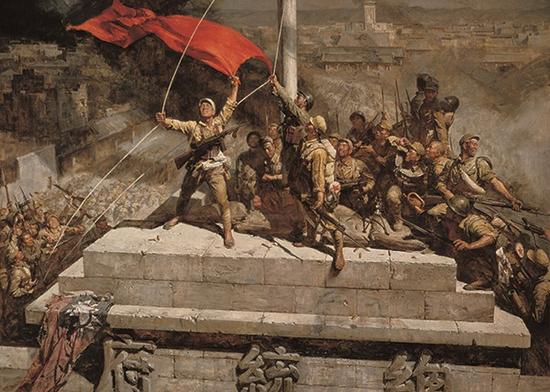 陈逸飞 魏景山,《占领总统府》,布面油画,335x460cm,1977年, 中国人民革命军事博物馆收藏