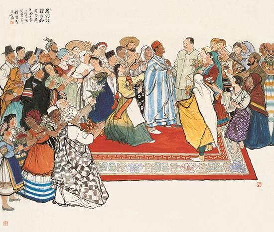 程十发,《我们的朋友和同志遍于全世界》,中国画,125X146cm,1963年,上海中国画院收藏