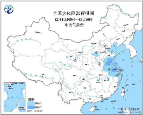 全国大风降温预报图(12月11日08时-12日20时)