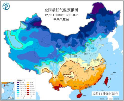 全国最低气温预报图(12月11日08时-12日20时)